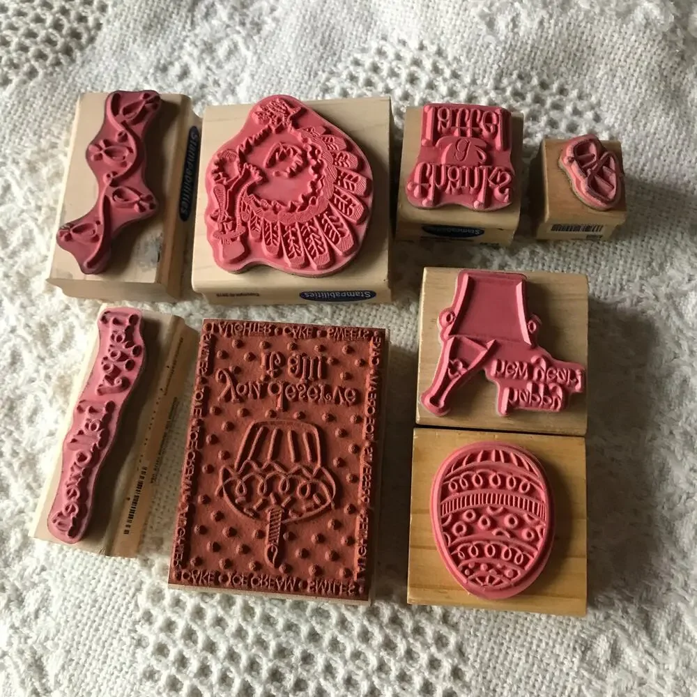Pre-owned Wood-backed Rubber Stamp Holiday Lot of 8 stamps turkey birthday more